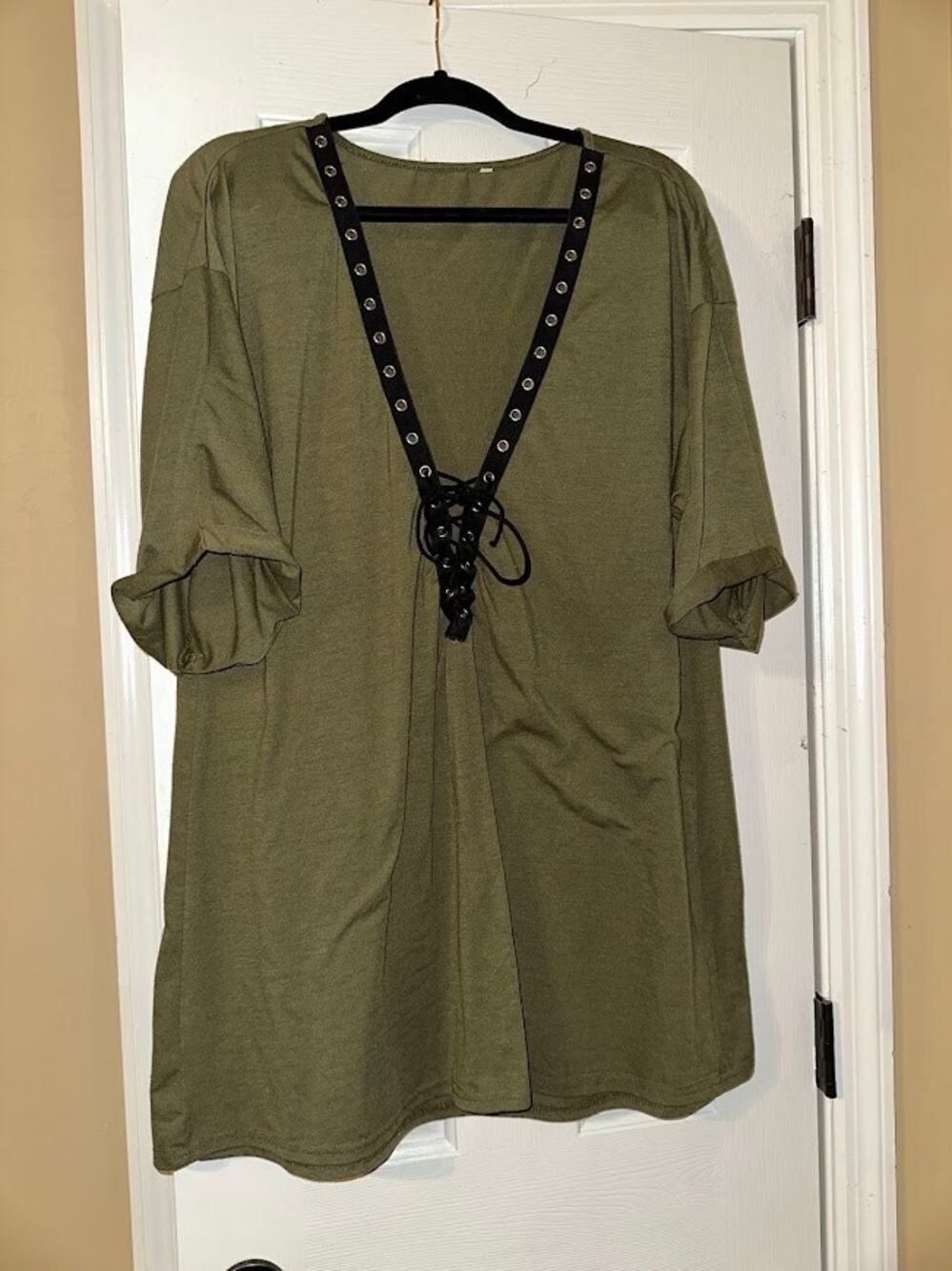 Olive Green Lace-Up T-Shirt Dress